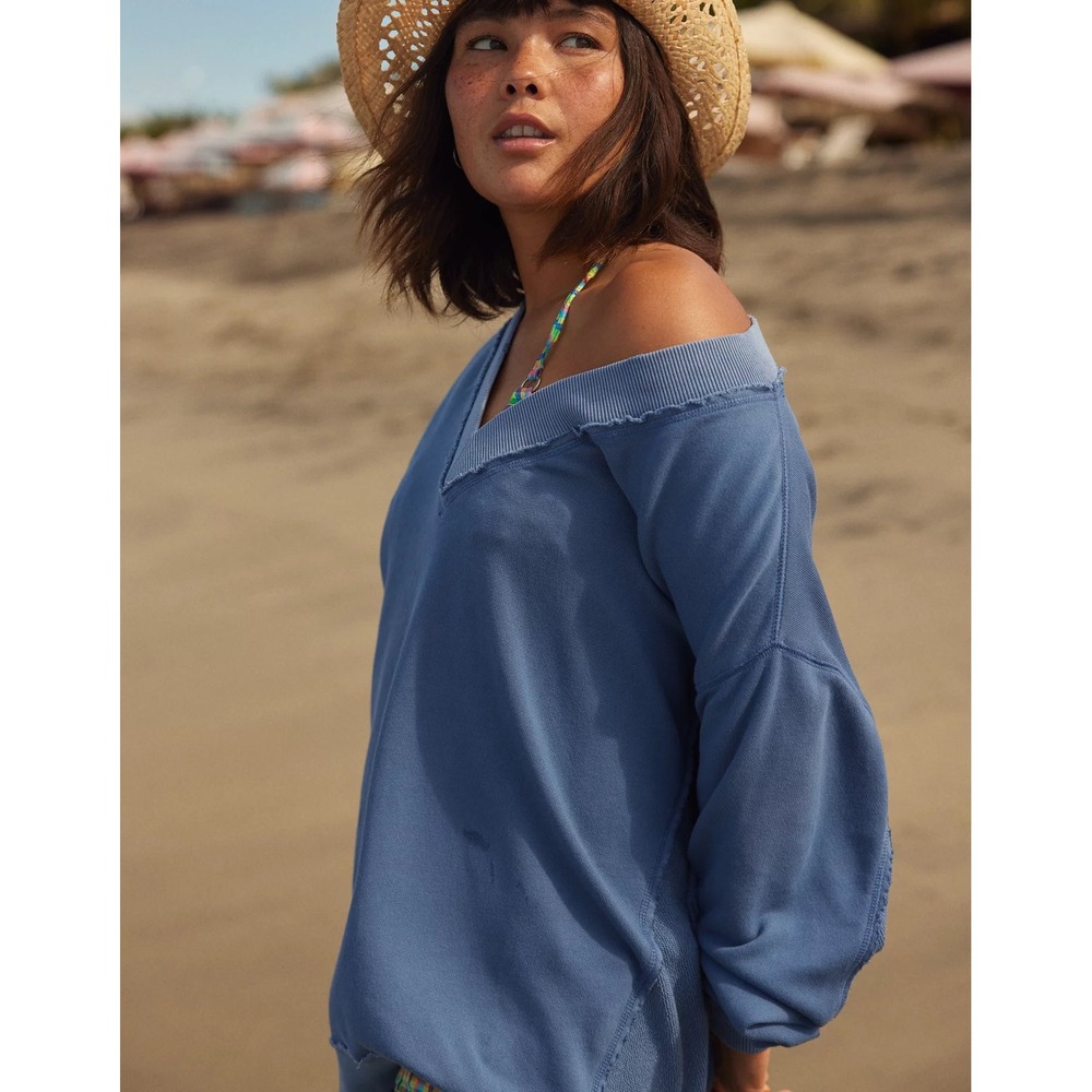 Aerie Oversized V-Neck Sweatshirt Blue Raw Edge Pullover Medium